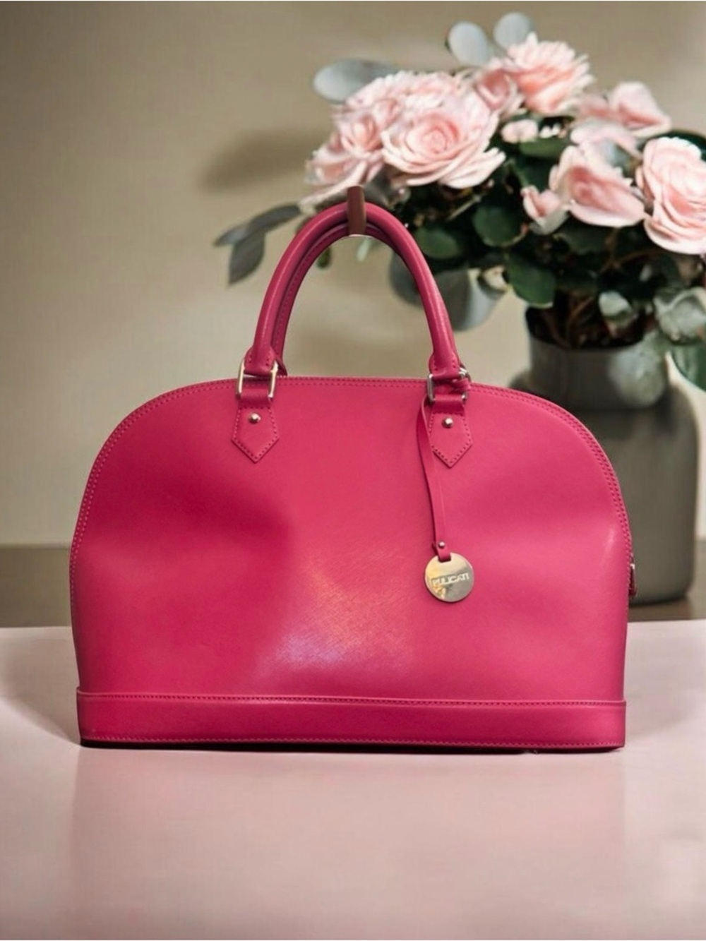 Pulicati Leather Fuchsia Dome Satchel with Silver Hardware